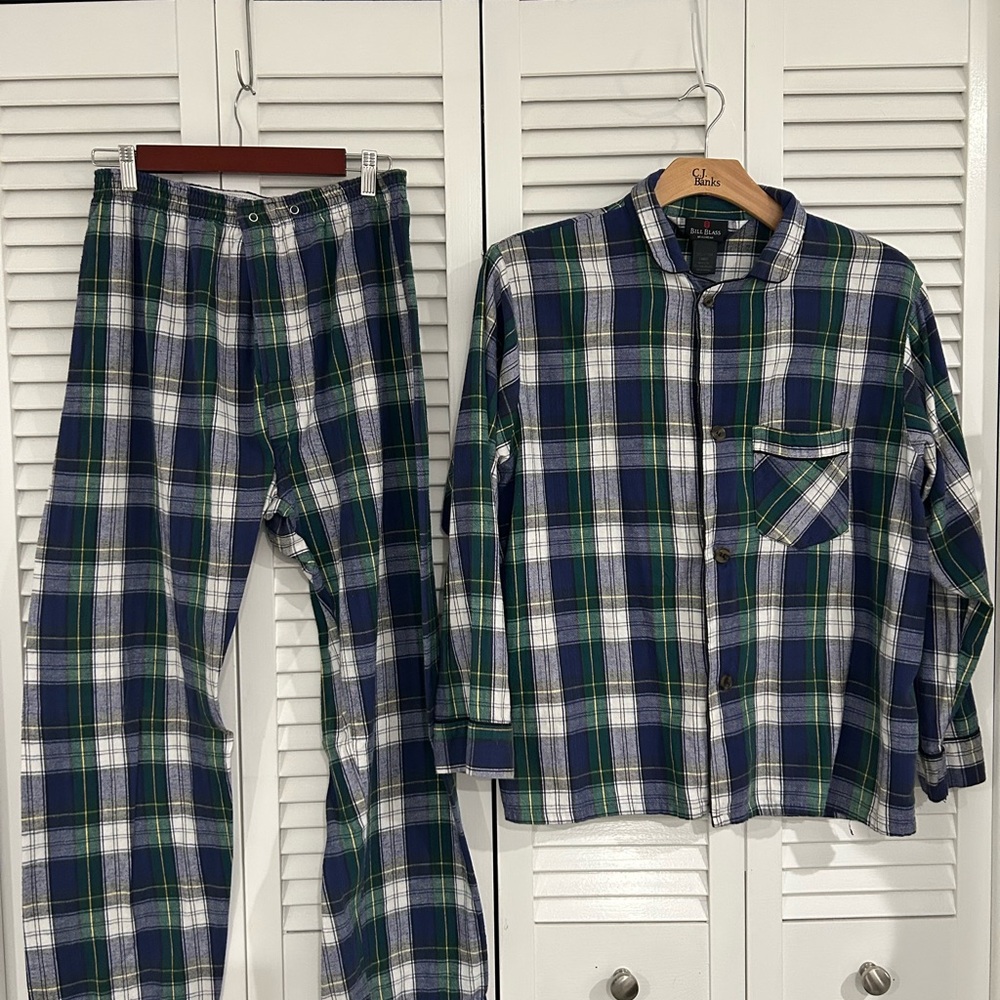 Vintage Bill Blass Blue and Green Pajama Sets with Cozy Plaid Pattern